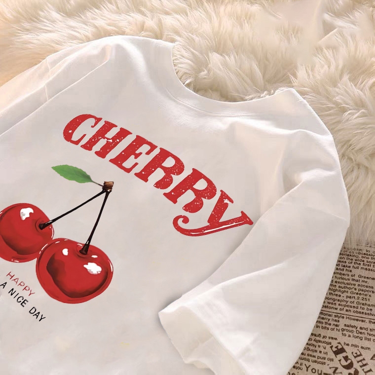 kumikumi Oversized Korean fashion cherry print white baggy wild T-shirt for women