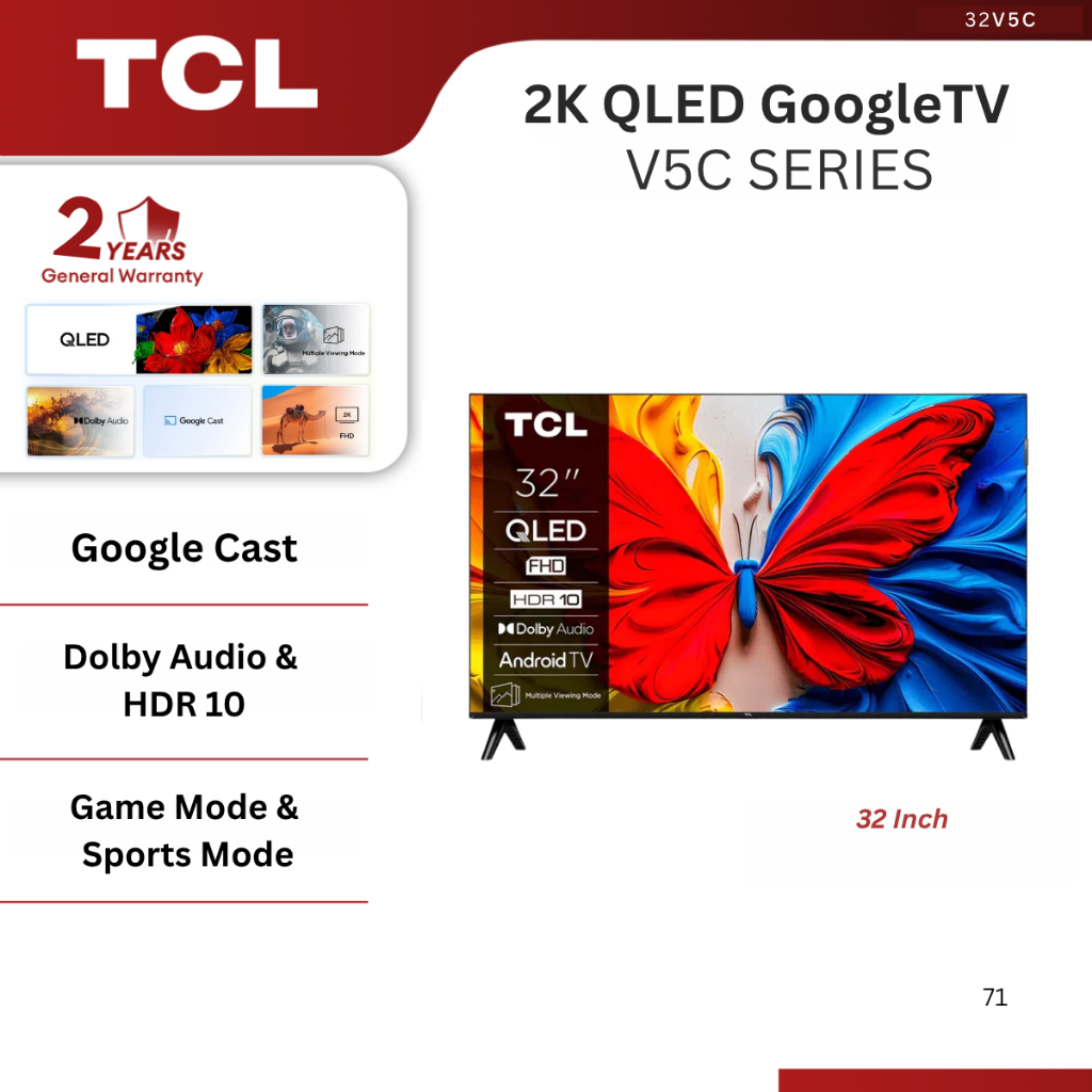 TCL 32" 43" 50" QLED Google TV 2K FHD 32V5C / 43S5K / 50S5K / HDR 10 / Dolby Audio / HDMI / Google Cast Televisyen