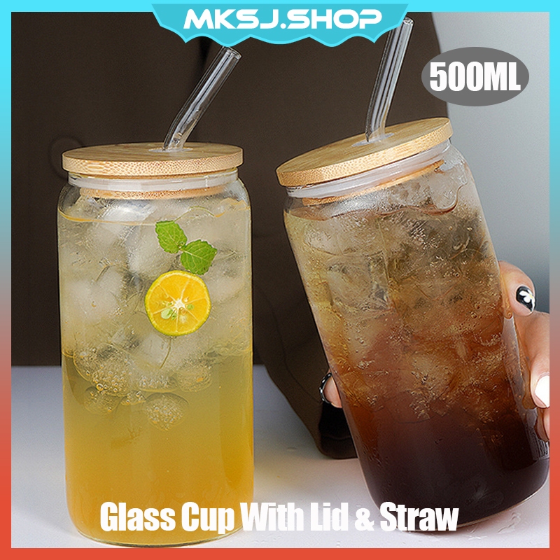 Glass Cup with Straw and Lid 500ml Transparent Glass Cup Set Drinking Glass Mug with Bamboo Cover