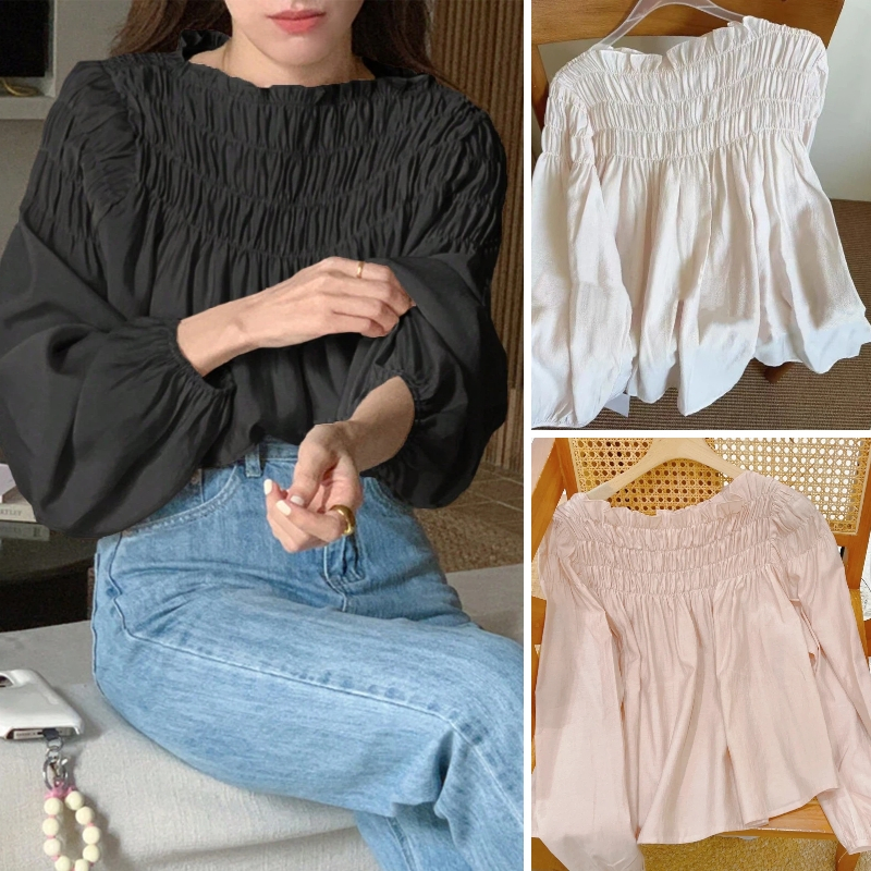 ✨【READY STOCK】Bella Solid Color Pleated Long Sleeve Pullover Shirt Korean style  Fashion Top for Women