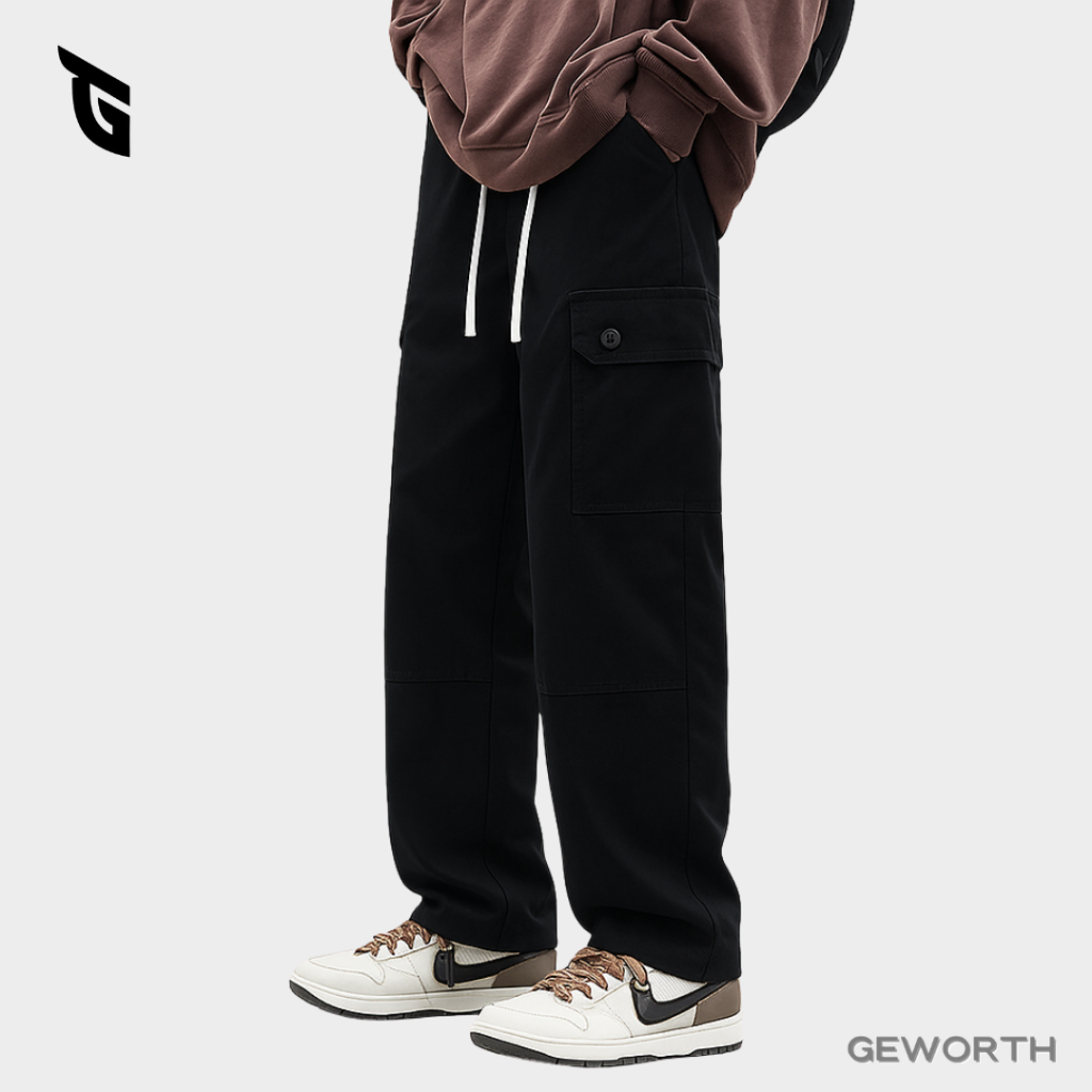 GEWORTH Men Long Loose Fit Straight Cut Pants Trousers Cargo Multi Pocket Seluar Panjang Cargo Pants Slack Ootd