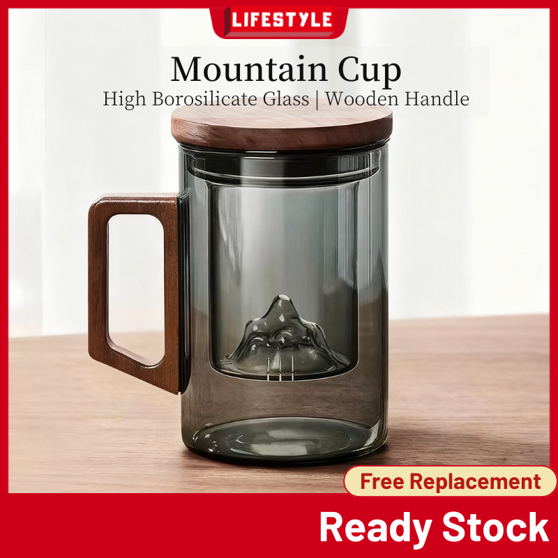 LIFESTYLE Mountain Cup Cawan Teh Kaca dengan Penutup Buah buahan Bunga Cawan Kopi Cawan Tebal dan Tahan Haba Glass Cup