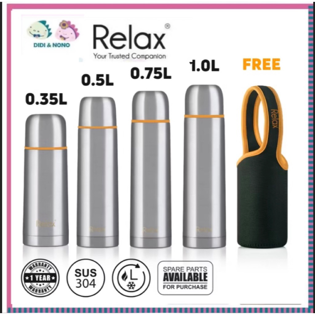 Relax Classic Stainless Steel Thermal Flask Free bag Pouch vacuum thermos bekas air panas 1 year warranty