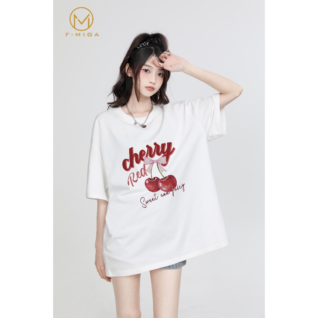 FMIGA 100%cotton baju T-shirt perempuan tshirt woman oversize korean style 衣服女裝 Cherry Bow print 上衣女
