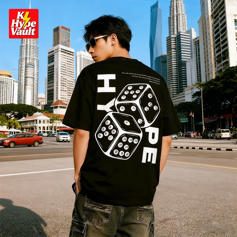 ?KL HYPE Vault Ready Stock Oversize T Shirt Lelaki Premium 100%Cotton Corak Dadu Streetwear Niche Original Design Unisex