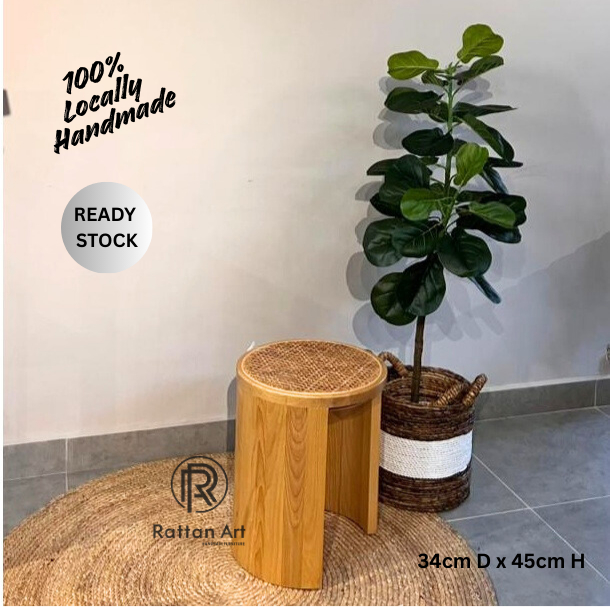 (READY STOK) Wooden stool Ricky solid ash wood frame and local sustainable rattan seat natural colour