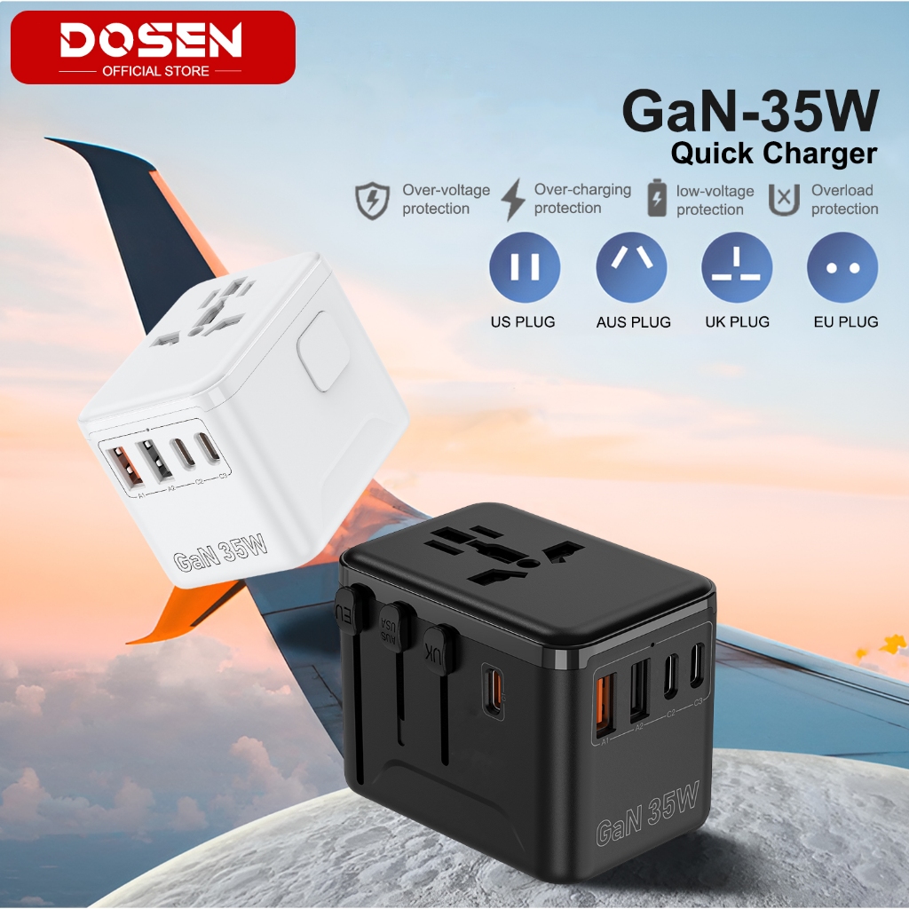 DOSEN Universal Adapter Travel International 35W USB C Adapter Fast Charger QC 3.0 Charger Type C Plug US / EU / AU / UK
