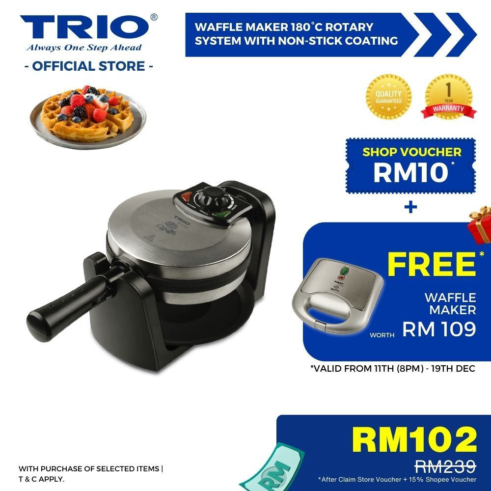 Trio Waffle Maker 180° Rotary System With Non-Stick Coating Plate | Easy Flip | Crispy | 1 Inch Thick Waffle | Breakfast