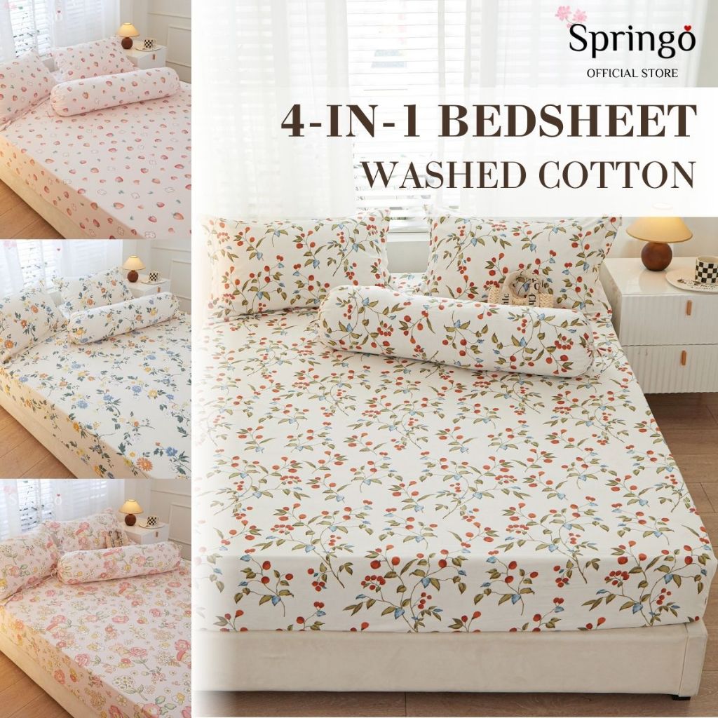 SPRINGO 4in1 Set Cadar Queen/King 100% Washed Cotton Cadar 880TC 2in1 Single Fitted Bedsheet DAT