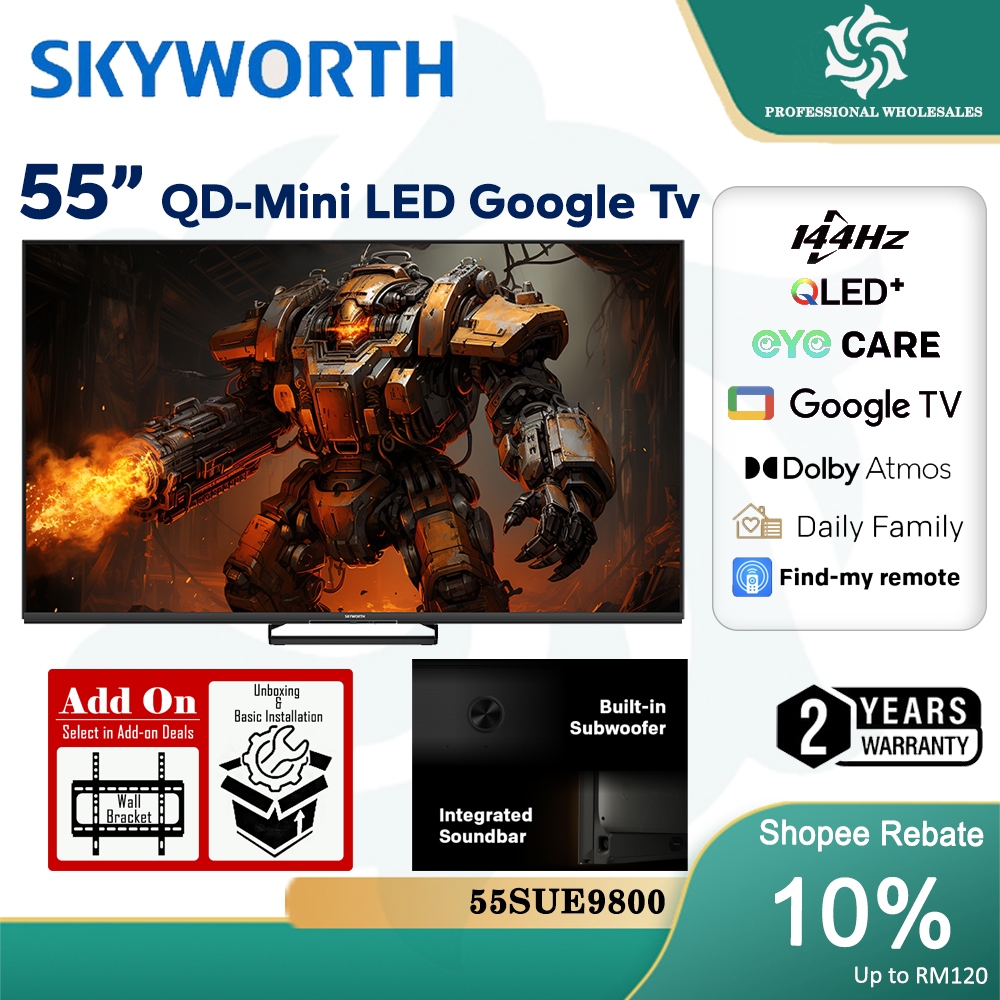 【FREE SHIPPING】SKYWORTH QD-MINI LED GOOGLE TV 55/ 65/ 75/ 86 INCH SUE9800 WITH YOUTUBE NETFLIX