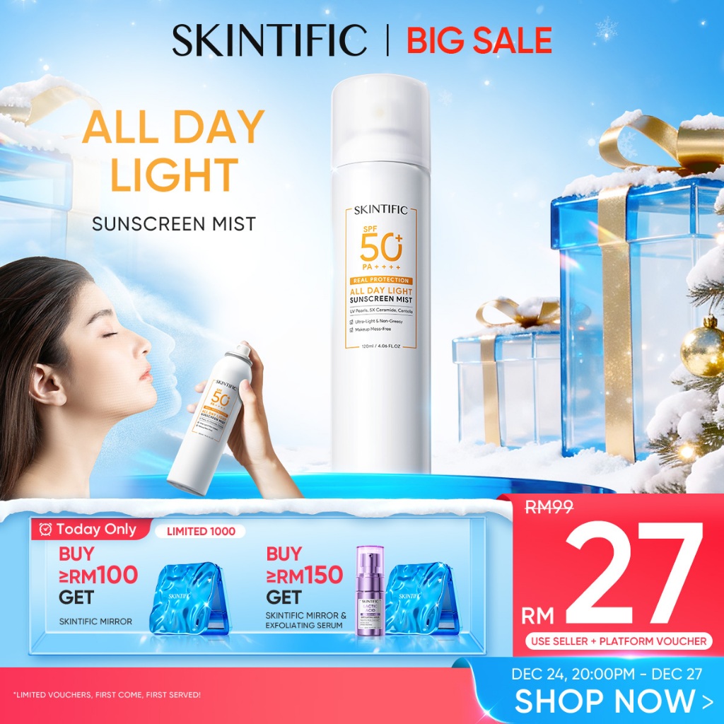 SKINTIFIC All Day Light Sunscreen Mist SPF50+ PA++++ Double Antioxidant Sunscreen Spray Physical UV Protection Centella