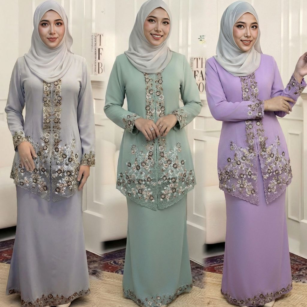 Pickone Fashion Baju Kurung Moden Floral Printed Muslimah Raya 2026 Modern Bercorak Kebaya Pahang Elegant D043