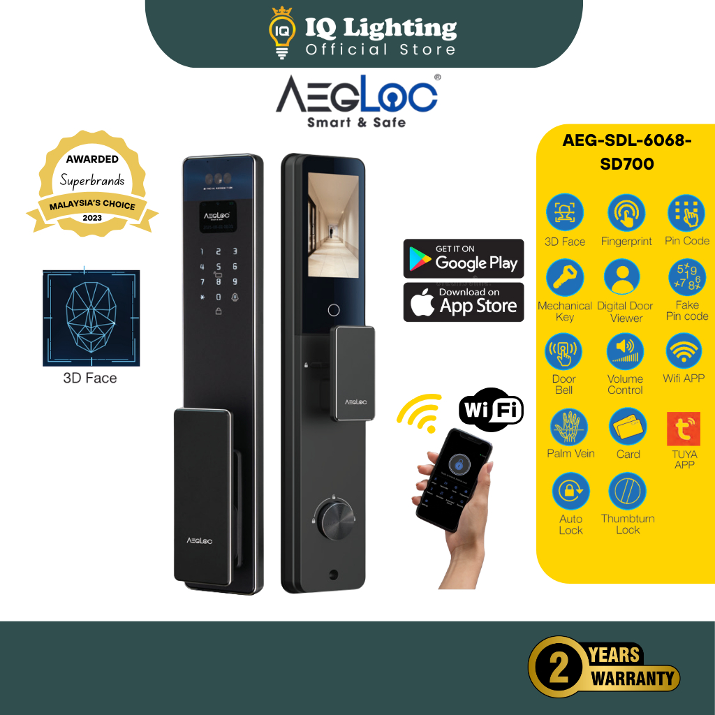 NEW  AEGLOC AEG-SDL-6068/V8 Smart Push-Pull Lock – 3D Face, Fingerprint, PIN, RFID, Tuya App Kunci P