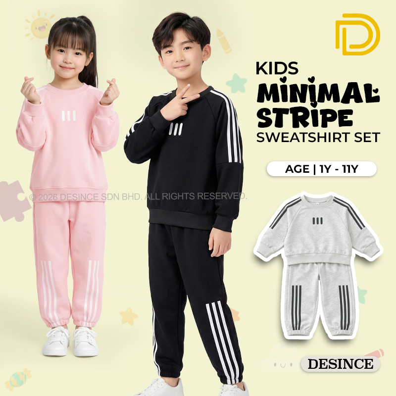 DESINCE Kids Unisex Minimal Stripe Sweatshirt Set (1Y-11Y) Thick Soft Warm Fabric Casual Set Pakaian Kanak-Kanak KW 052