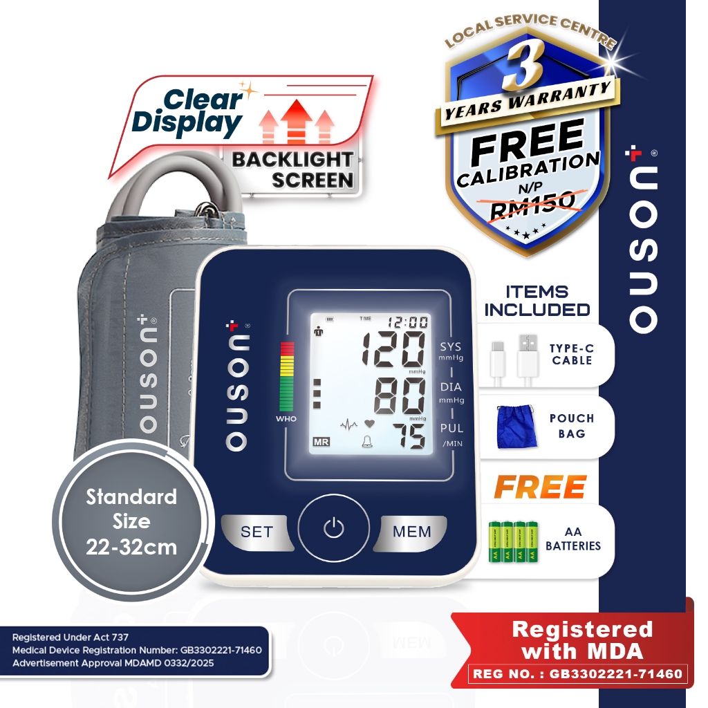 OUSON Digital Blood Pressure And Heart Beat Monitor Arm Cuff Lcd Display 2 Users Mesin Tekanan Darah
