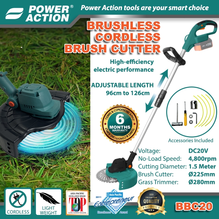 POWER ACTION BBC20 Brushless Cordless Brush Cutter Grass Trimmer & Lawn Cutter Wireless Garden Mesin Potong Rumput