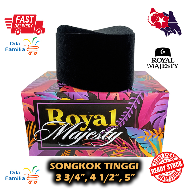 Songkok Dewasa Baldu Hitam Tinggi 3 3/4, 4 1/2, 5 Inci Sekolah Agama Nikah Hantaran Kahwin Baldu Biasa Kopiah Raya Johor