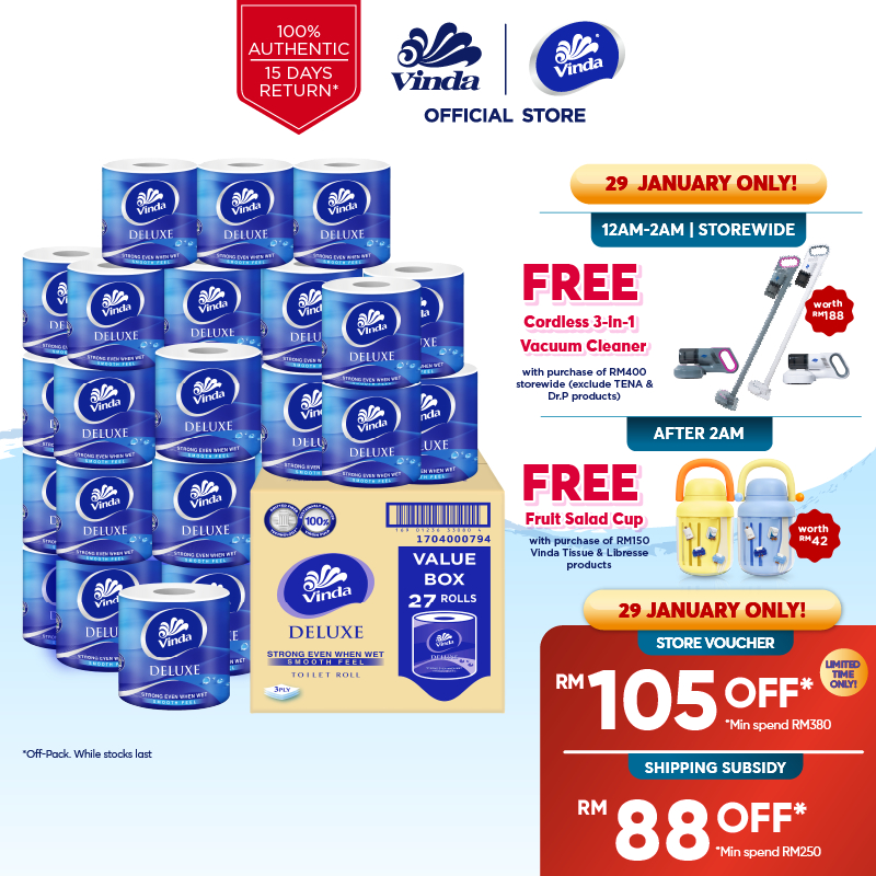 Vinda Deluxe Smooth Feel Toilet Tissue 3 Ply (27 Rolls)