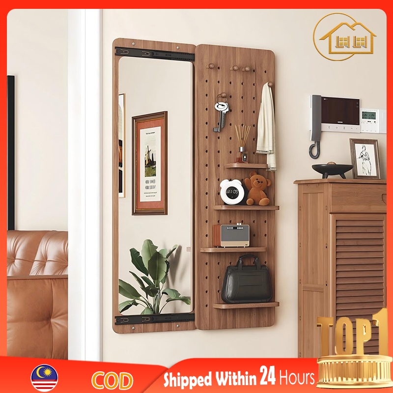 ✨160*40CM Full Length Wall Mirror Sliding With Shelf Pegboard Storage Living Room Bedroom Dressing Mirror Cermin Panjang