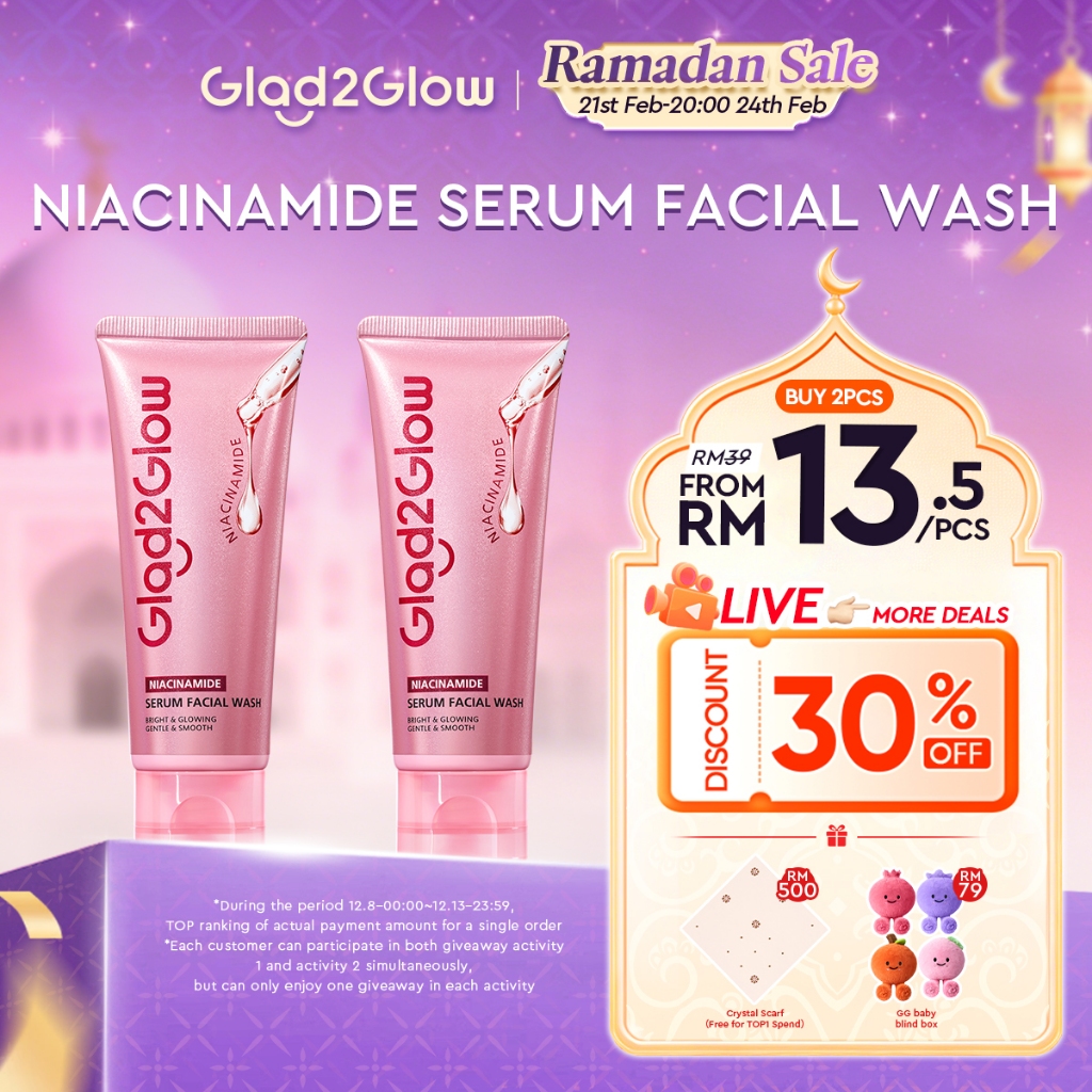 【New Launch】Glad2Glow Niacinamide Serum Facial Wash Cleanser Brightening Hydrating Glowing Face Wash Pencuci Muka