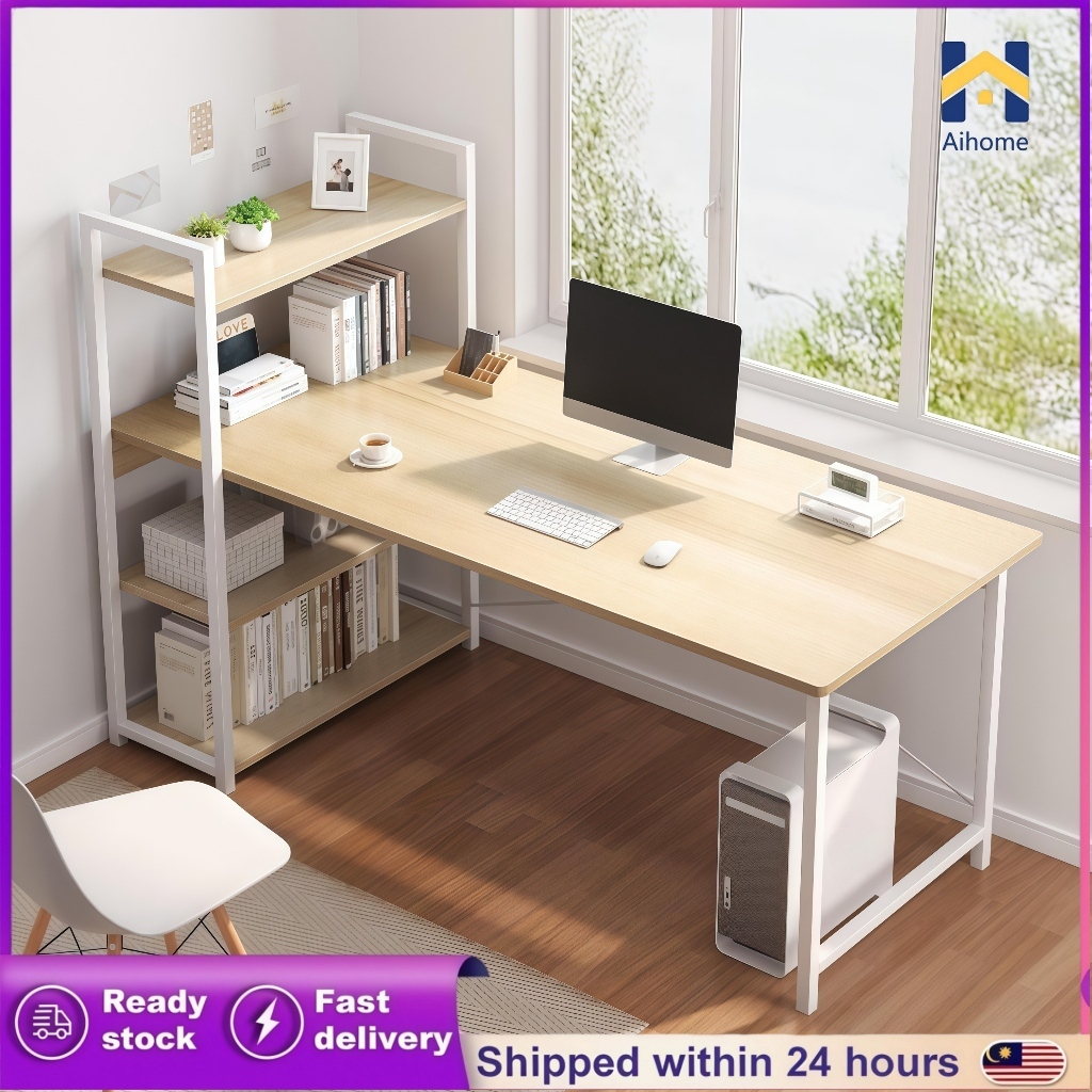 📝Meja Belajar Computer Table With BookShelf Office Study Writing Desk With Drawer Meja Komputer 桌子