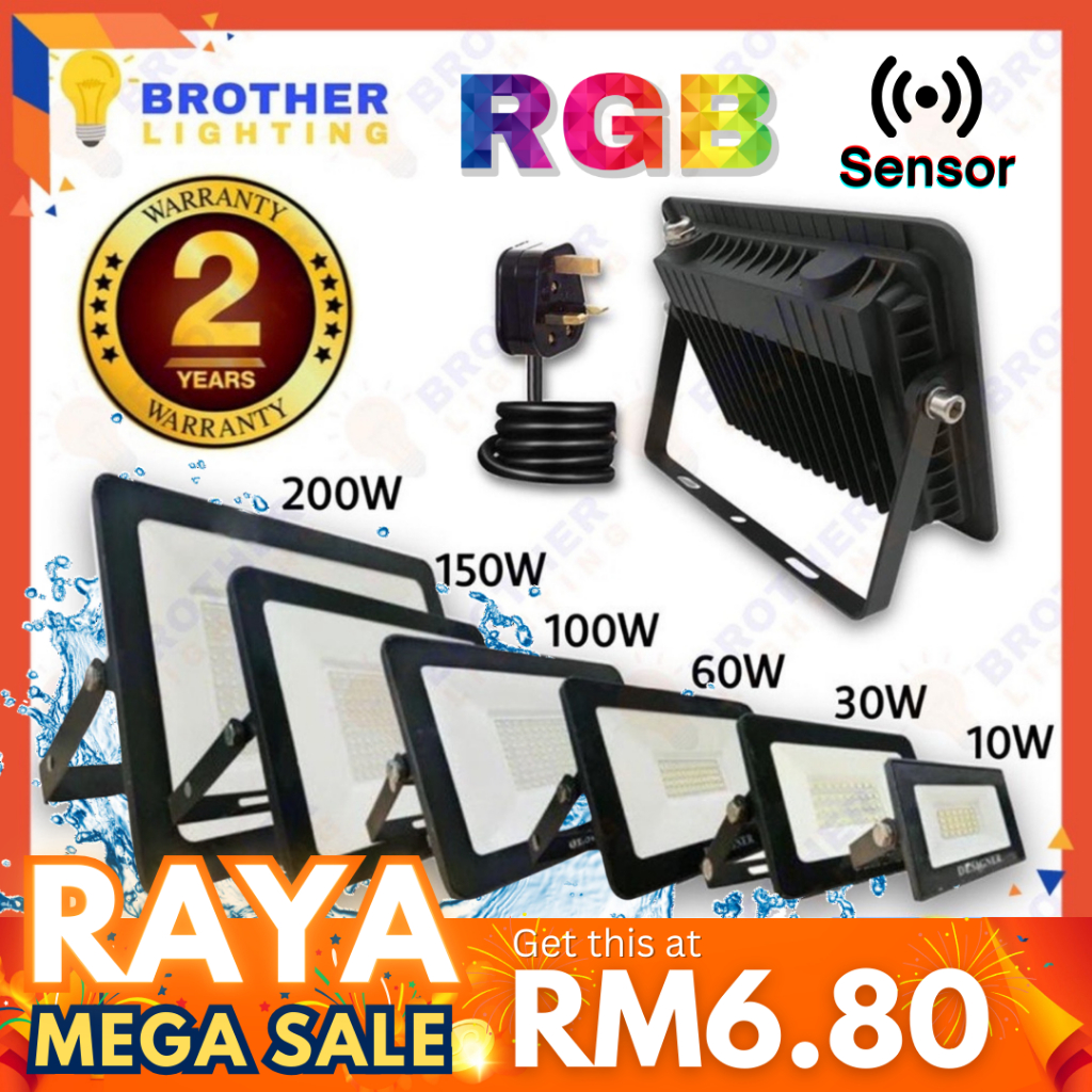 [Premium] LED Spotlight Sensor Flood Light RGB Celling 10W/30W/50W/100W/150W/200W Outdoor Lighting IP66 Daylight/Warm