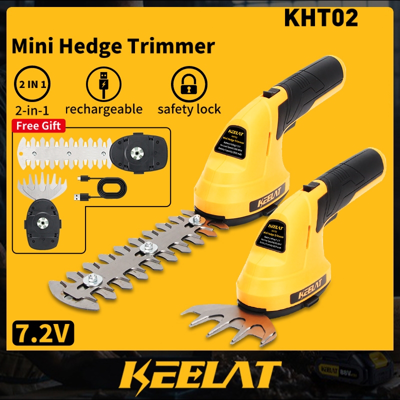 KEELAT KHT02 Mini Hedge Trimmer 7.2V 2-in-1 Rechargeable Mesin Potong Pagar Rumput Trim Pokok