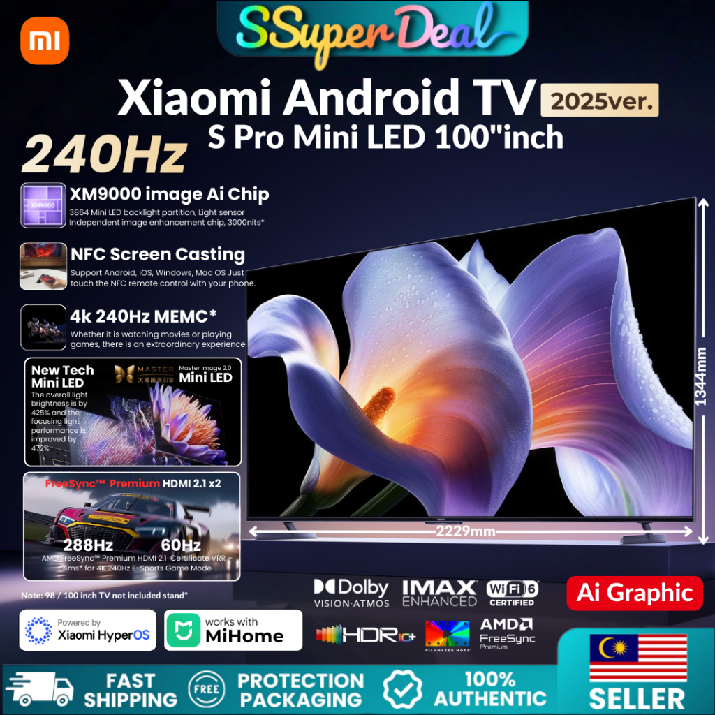 Xiaomi TV S Pro 100" | 65" | 55" Master Mini LED 240Hz MEMC Gaming FreeSync HDMI 2.1 Android 4K QUHD