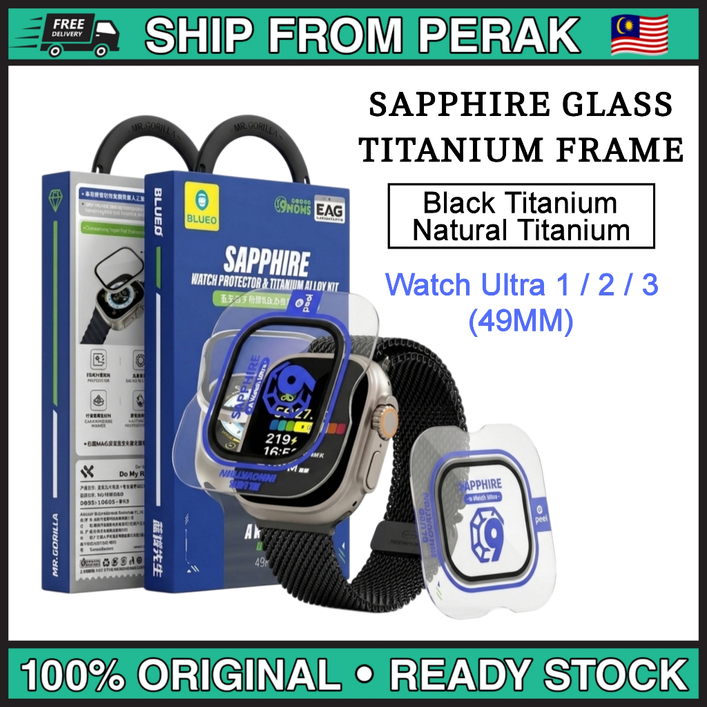 Blueo Sapphire Glass Screen Protector & Case Titanium Frame Protector for Watch Ultra 3/2/1 49MM