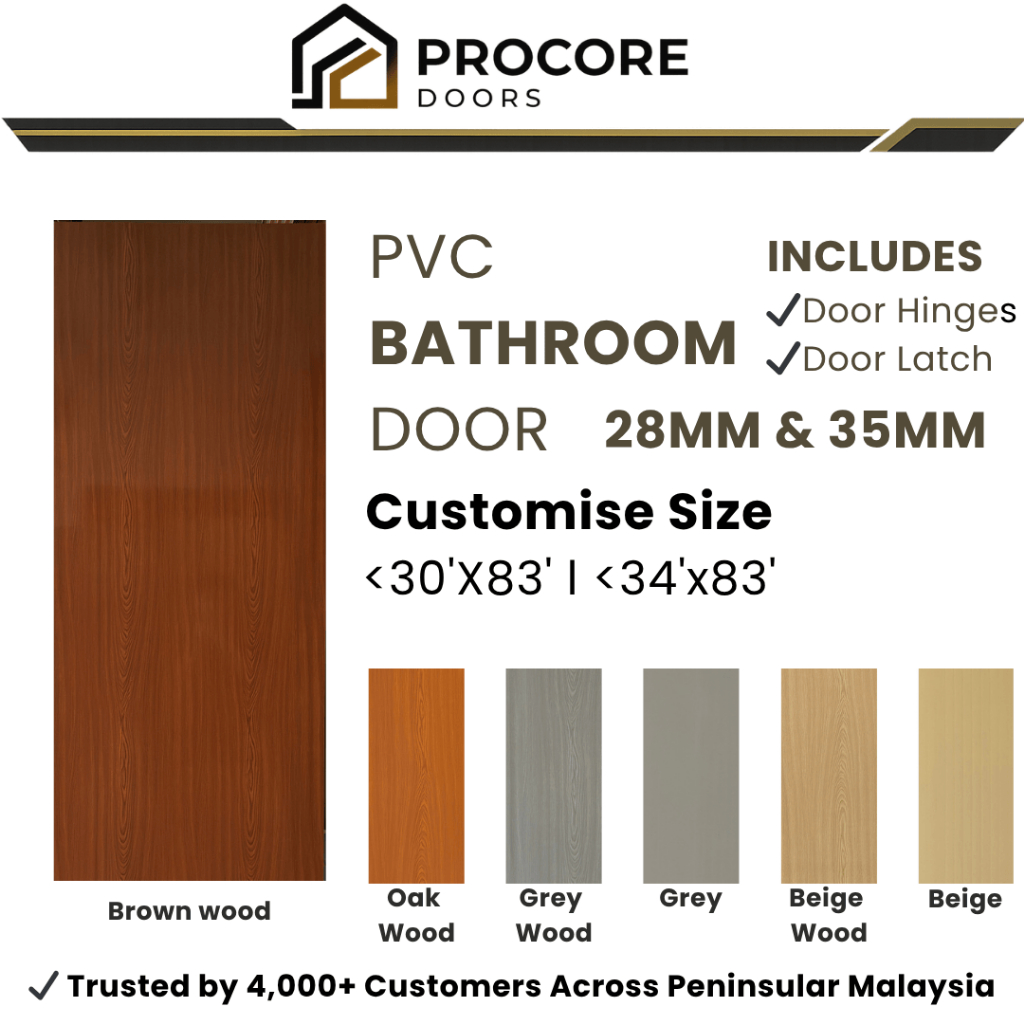 PVC Bathroom Door Waterproof Custom Size 28mm 35mm Pintu Tandas Bilik Air Malaysia (Fast Production)