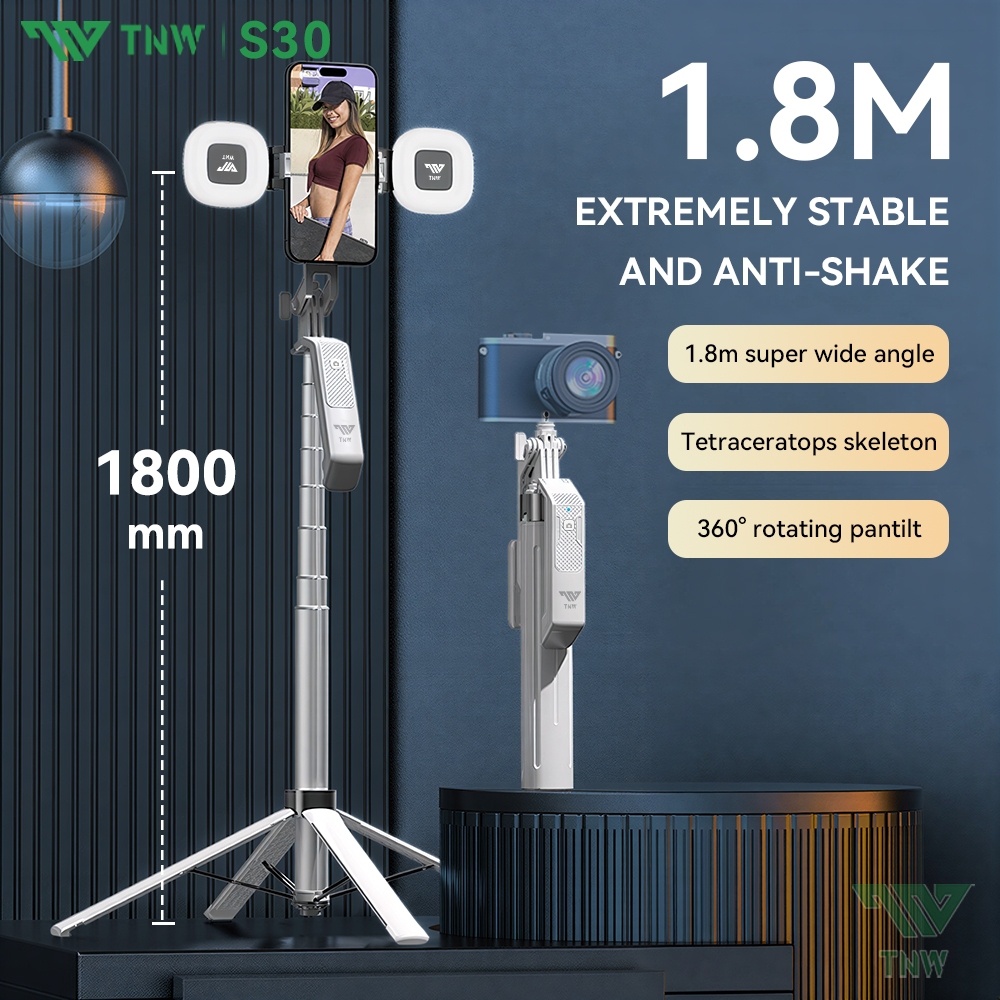 TNW S30 Selfie Stick Tripod 3 in 1 Quadrapod Wireless Selfie Stick Bluetooth Remote 360° Phone Tripod Stand with Light