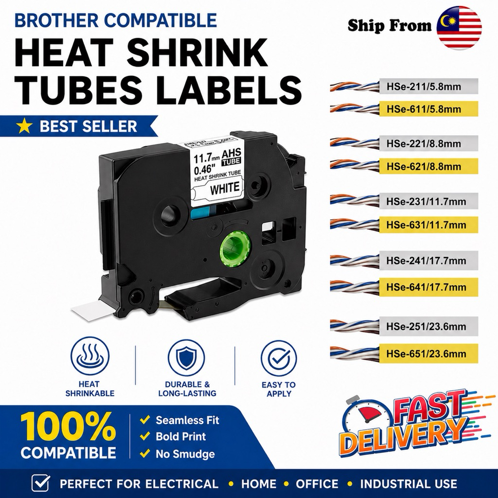 [ READY STOCK ] Hse-211 Hse 221 231 241 251 611 621 631 641 651 Brother Heat Shrink Tube Tape Cartridge P Touch Label