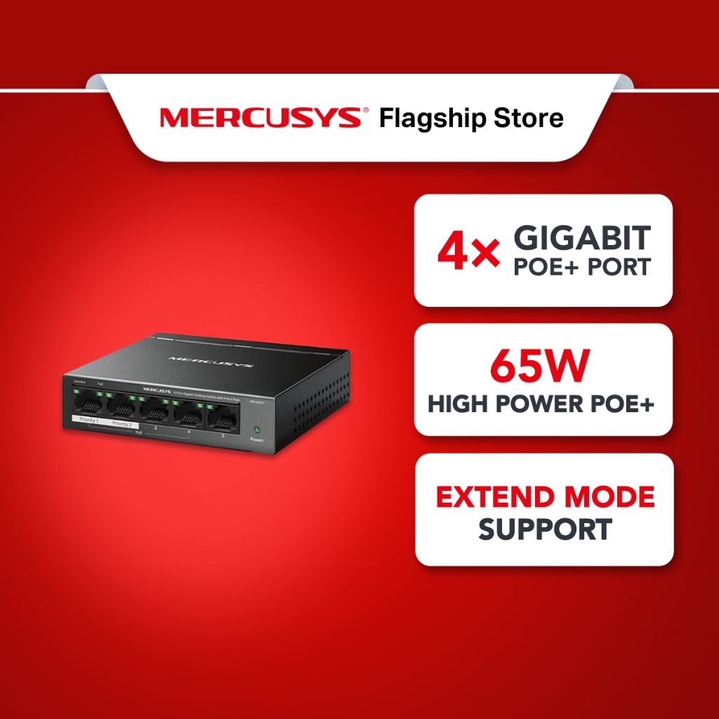 Mercusys 5-Port Gigabit 10/100/1000Mbps Desktop Switch with 4-Port High Power PoE+ MS105GP (Powered by TP-Link)