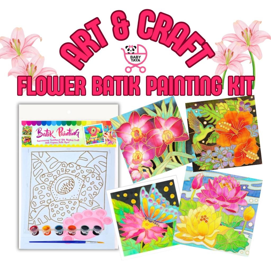 DIY Kids Batik Painting Kit with Colour Set Palette & Brush Malaysian Flower Canvas Art Craft Non Toxic Educational Toy