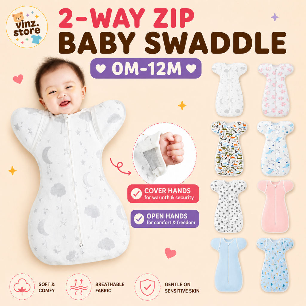 2 Way Zip Baby Swaddle Cotton Bedung Bayi Newborn Sleeping Bag Arms Up Stretchable Instant Bedung