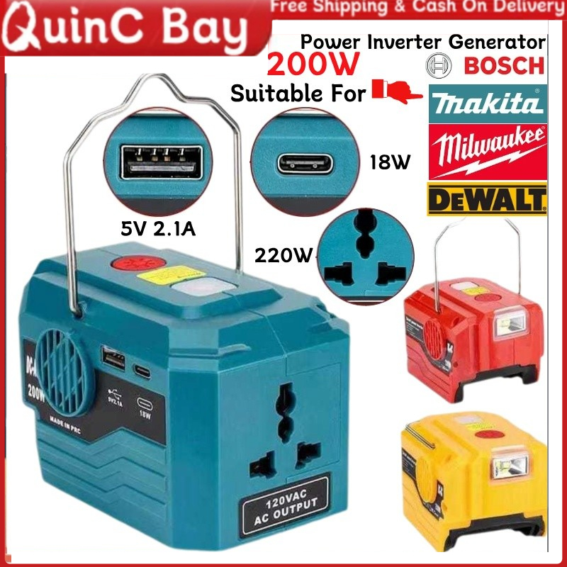 Milwaukee 200W DC AC Power Inverter Makita Dewalt Bosch M18 18V 20V Battery USB 2.1A Type-C 18W LED