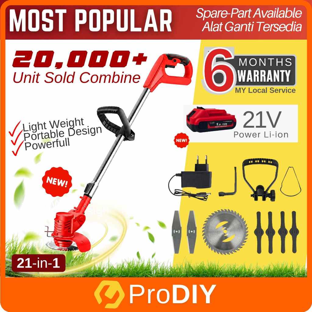 PRODIY Mesin Rumput Rechargeable Cordless Grass Trimmer Lawn Mower Li-Ion Battery Mesin Potong Rumput 12V / 24V