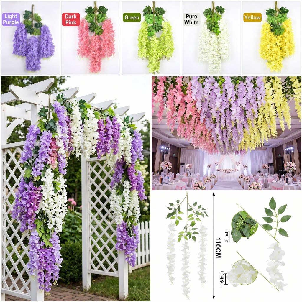 3 Branches Wisteria Artificial Flowers With Leaves Ratta Hanging Garland For Wedding Raya Decoration