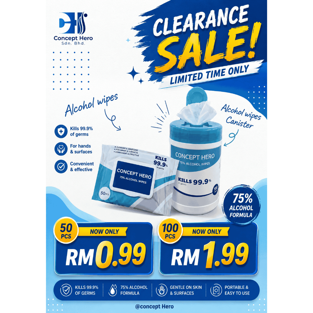 Concept Hero 75% Alcohol Wipes in Bag 50pcs / Canister 100pcs packing