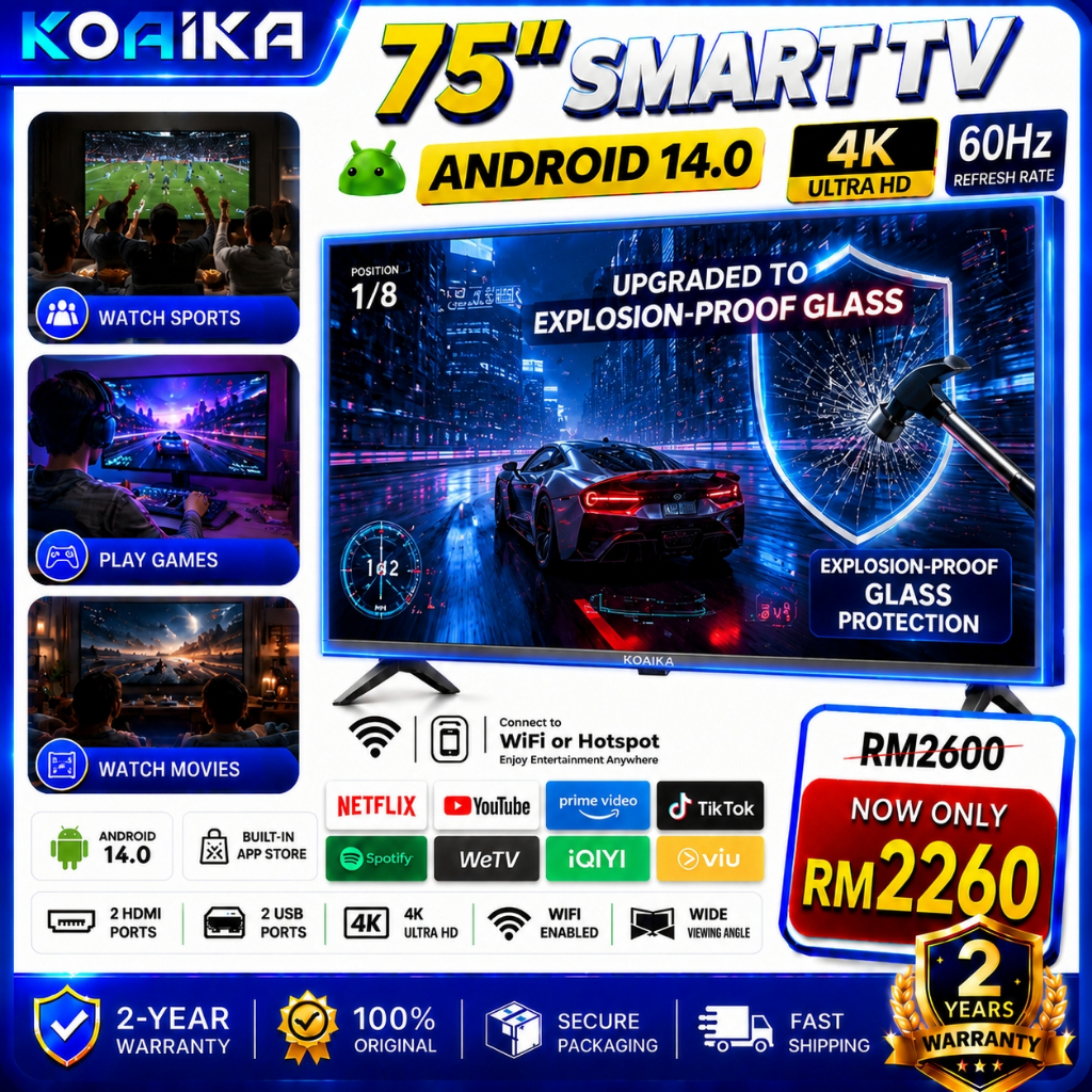 KOAIKA Smart TV 75inch 4K Frameless UHD LED TV Android 14.0 Telivision WiFi HDMI Netflix Youtube