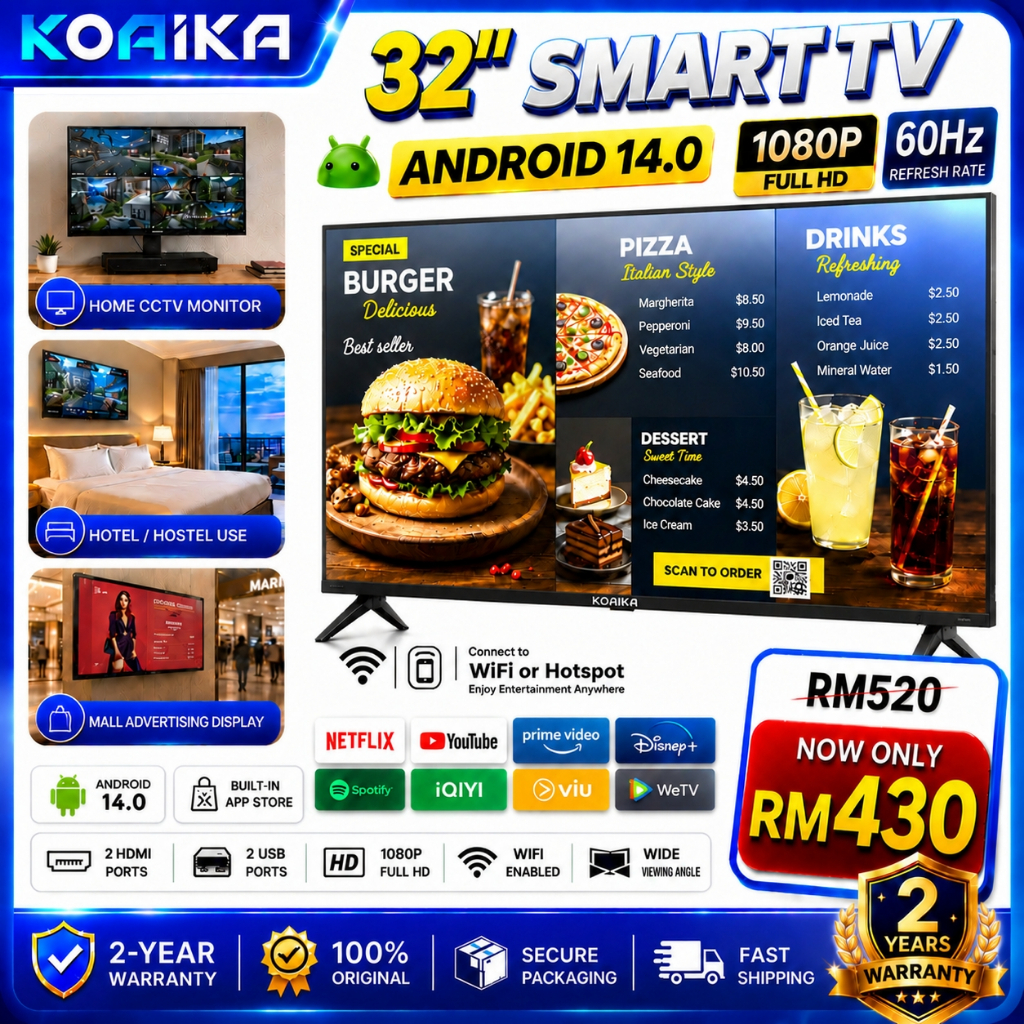 Smart TV 32inch KOAIKA Android TV 32'' FHD Full Screen TV Murah Television With WiFi Netflix Youtube Google Play