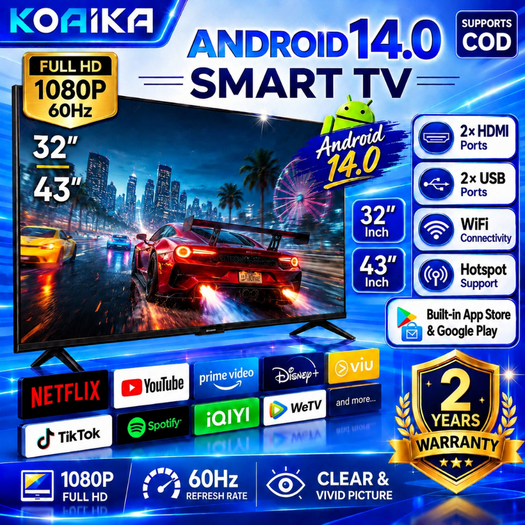 KOAIKA Smart TV 32inci 4K 120hz FHD 32/43inch TV Android 14 WiFi Netflix Youtube MYTV HDMI USB DVBT2