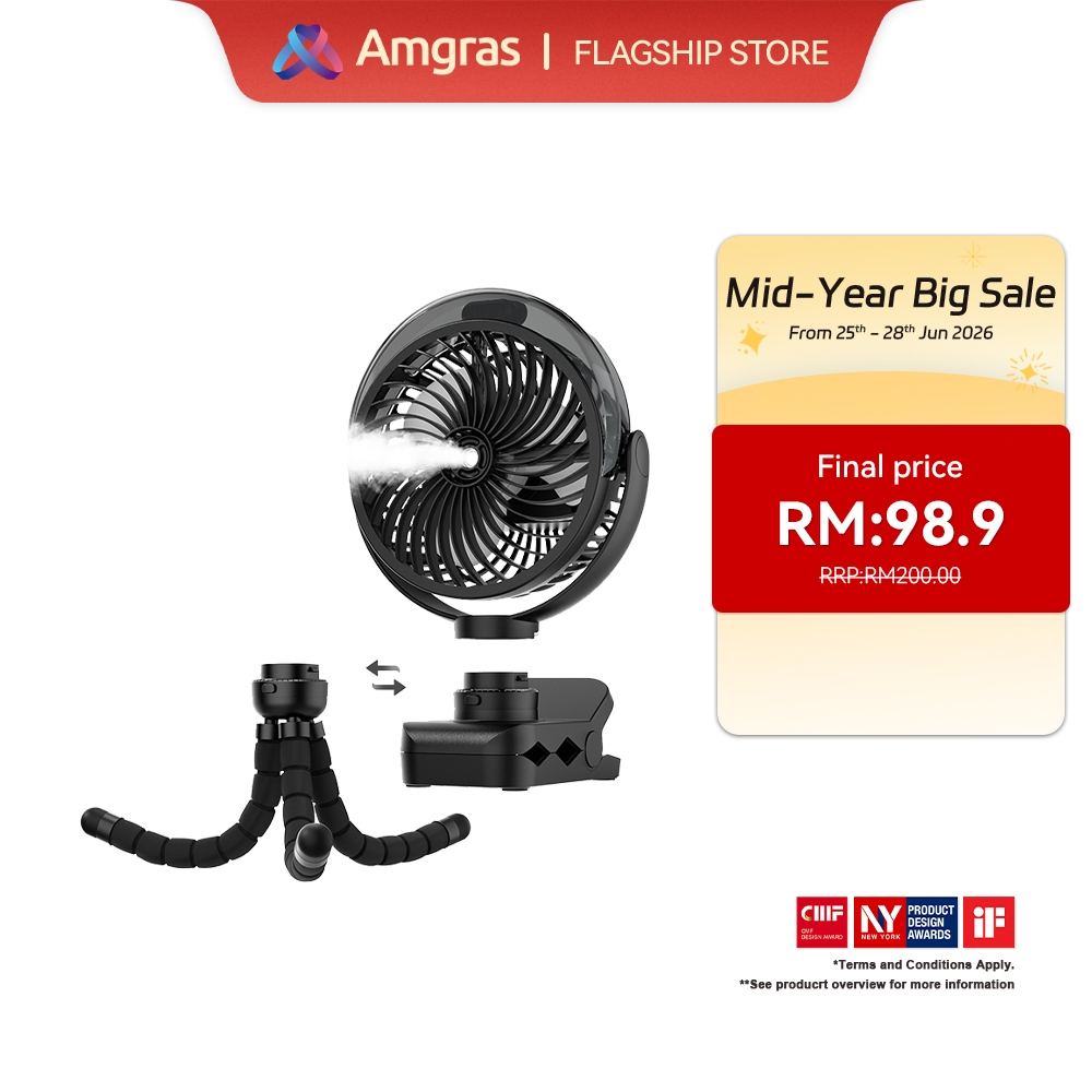 Amgras Stroller Baby Portable Mini Fan Rechargeable 9 Leds/Ultra Quiet/Flexible Tripod/55 Hours (6000mAh)