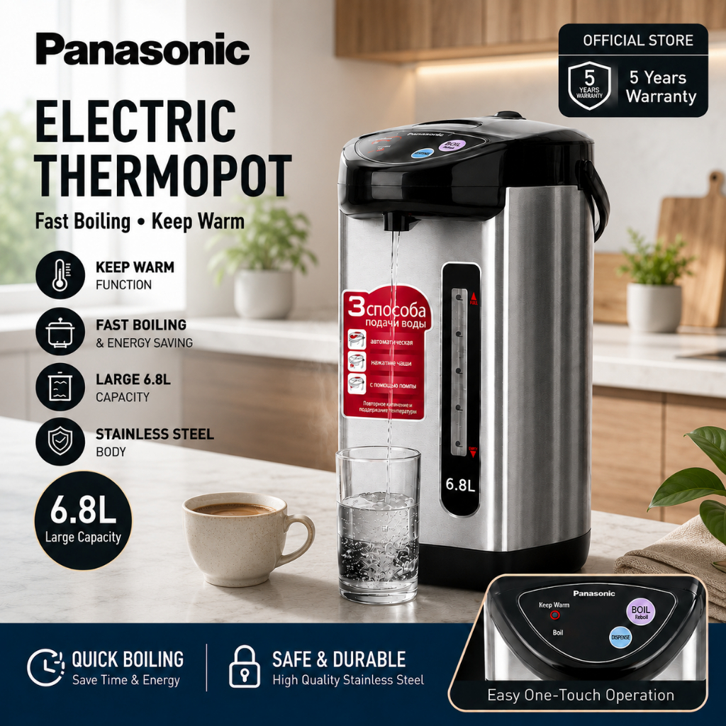 Panasonic 6.8L Electric Thermo Pot Water Boiler Keep Warm Stainless Steel 5 Years Warranty ⭐