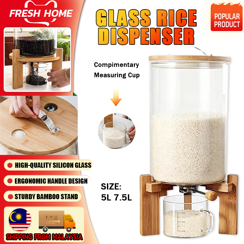 Glass Rice Dispenser Bekas Beras Kaca 5L 7.5L Silicon Glass Sturdy Bamboo Stand Free Me…
