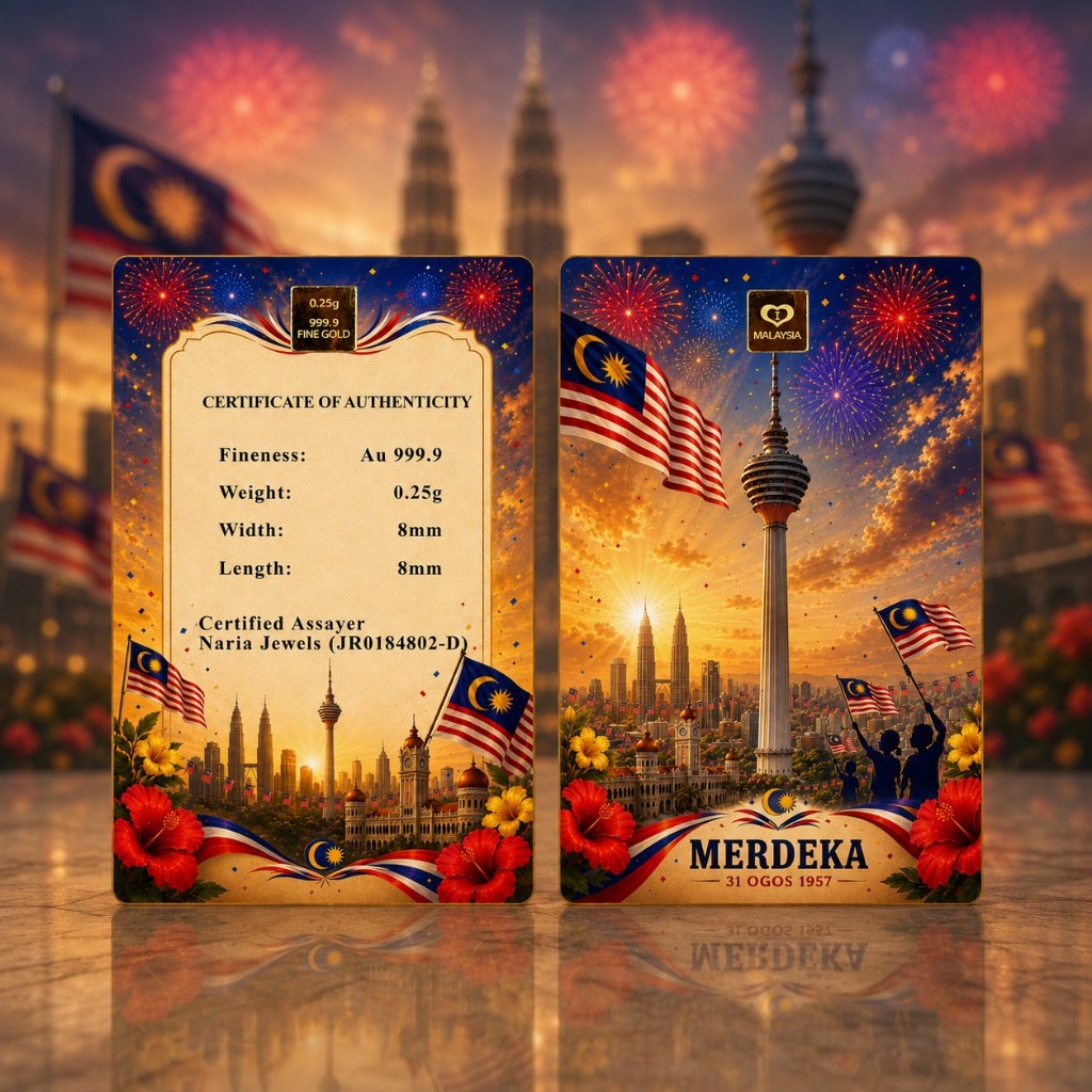 Naria 999.9/24K Gold Bar 0.25gm Merdeka Tower Design Malaysia Collection Pelaburan Emas&hellip;