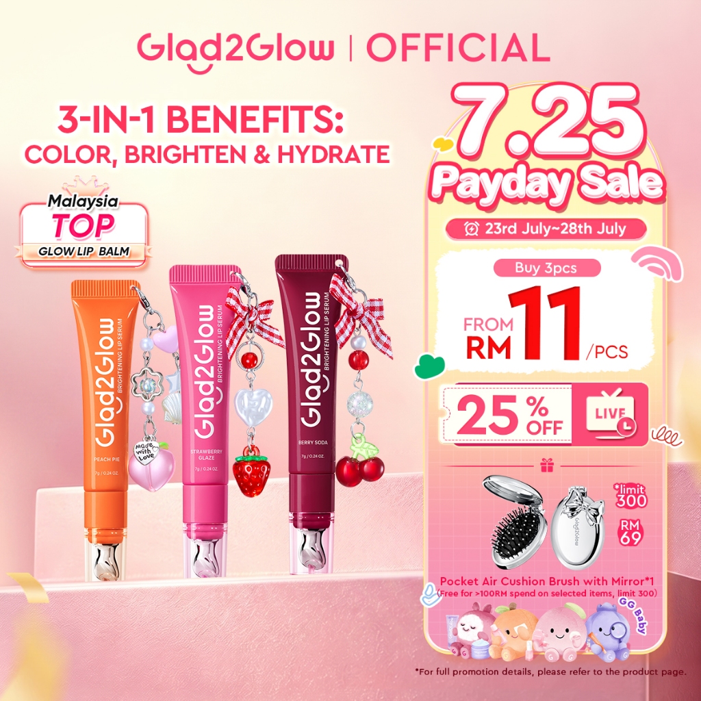 [Live Extra]Glad2Glow Lip Serum 7g Brightening 3in1 Tinted Lip Gloss VC VE Hydrating for Dark Lips Glow Moist Lip Balm