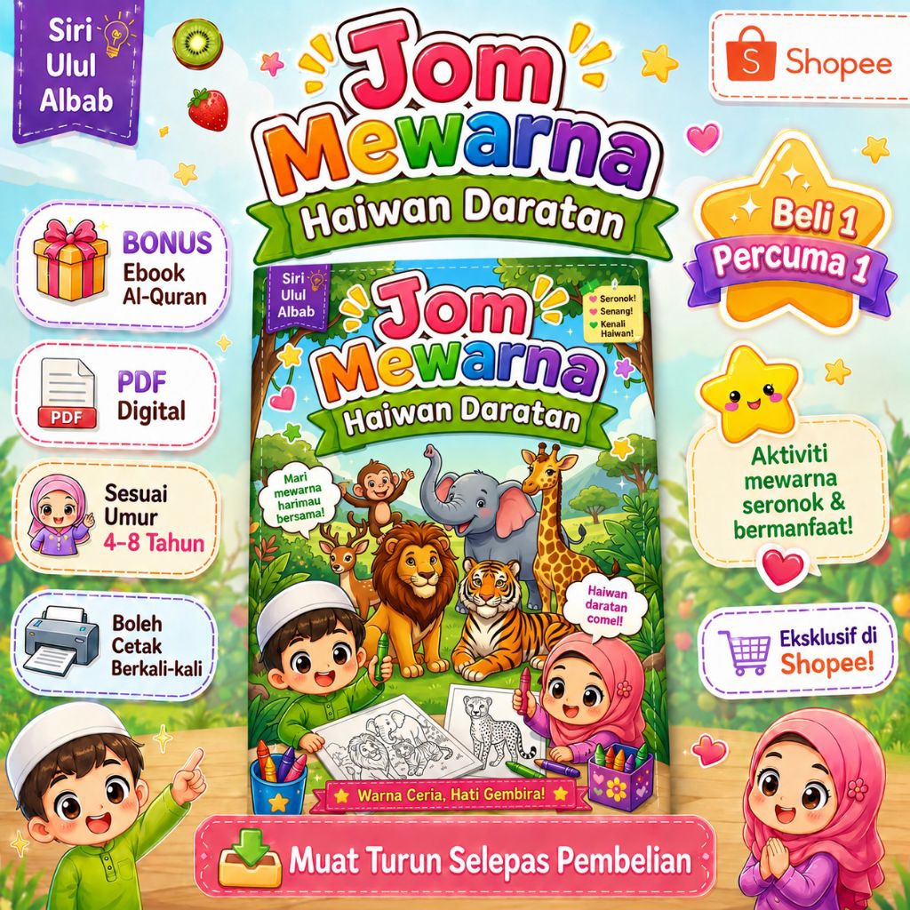 Jom Mewarna Haiwan Daratan 🐘 | Ebook PDF Aktiviti Kanak-Kanak 4-8 Tahun | Siri Ulul Albab | Printable Colouring Book