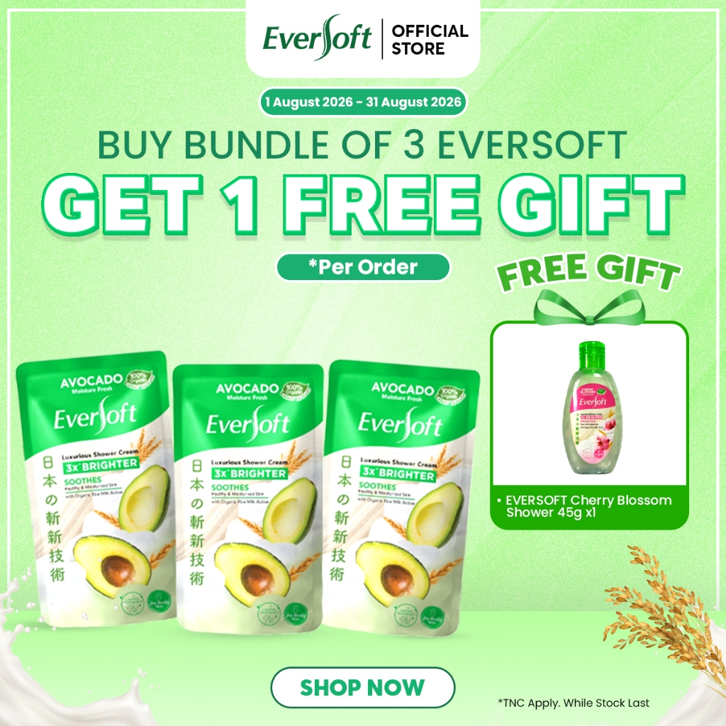 [Bundle of 3] Eversoft Shower Cream Pouch 550g | Avocado Cherry Blossom Rosehip Citrus Yuzu Organic Rice Milk