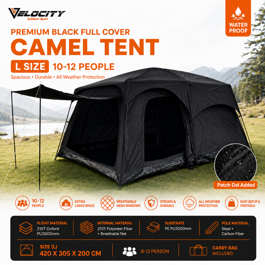 VELOCITY Black Camel 12 Person Large Camping Tent Waterproof Family Tents Outdoor Luxury Khemah Unta